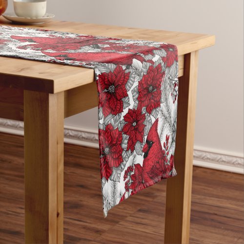 Cardinals and poinsettia in red and white short table runner