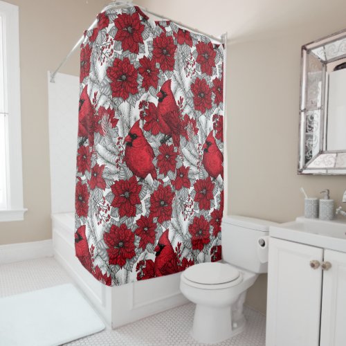 Cardinals and poinsettia in red and white shower curtain