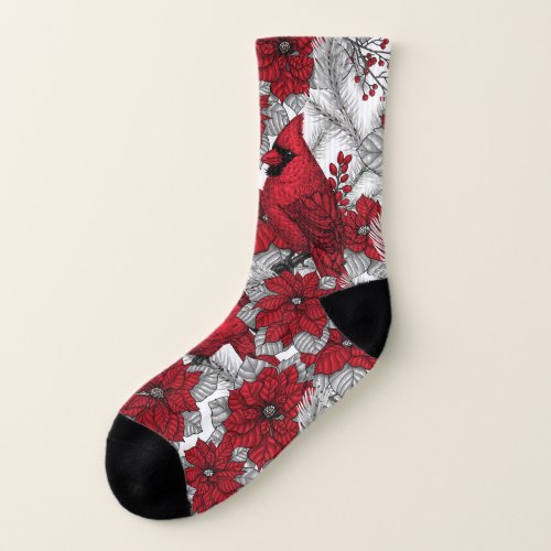 Cardinals and poinsettia in red and white socks