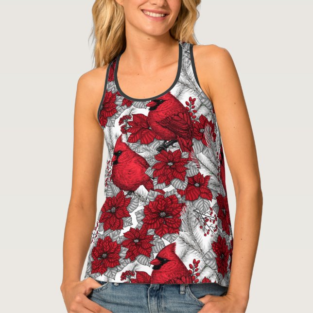 Cardinals and poinsettia in red and white tank top (Front)