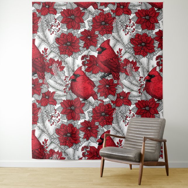 Cardinals and poinsettia in red and white tapestry (In Situ)