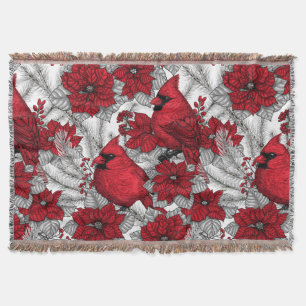 Cardinals and poinsettia in red and white throw blanket