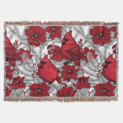 Cardinals and poinsettia in red and white throw blanket