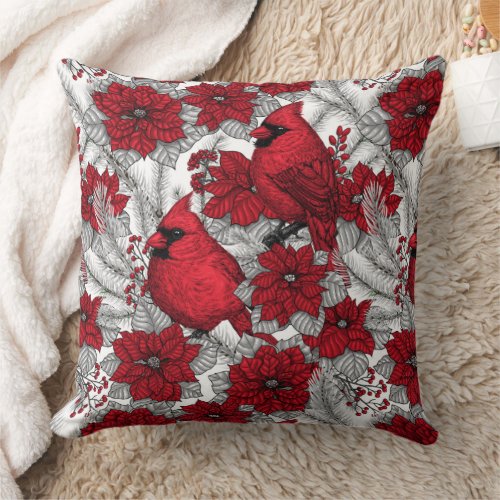 Cardinals and poinsettia in red and white throw pillow