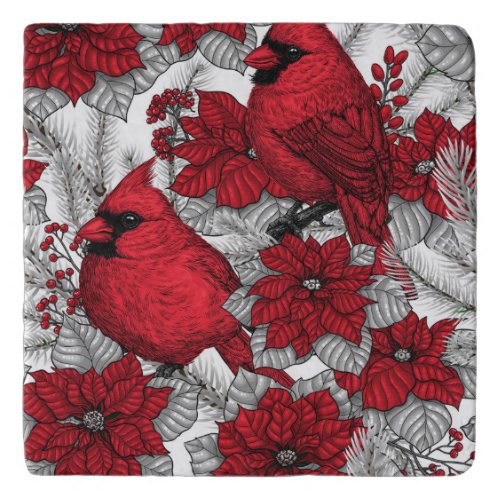 Cardinals and poinsettia in red and white trivet