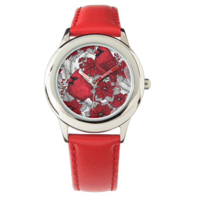 Cardinals and poinsettia in red and white watch (Front)