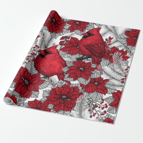 Cardinals and poinsettia in red and white wrapping paper