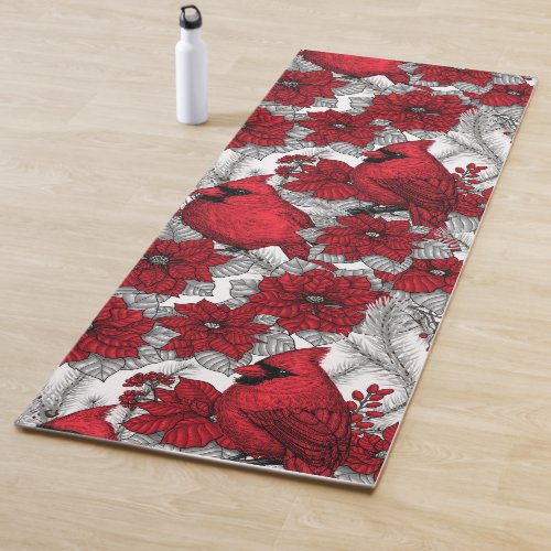Cardinals and poinsettia in red and white yoga mat