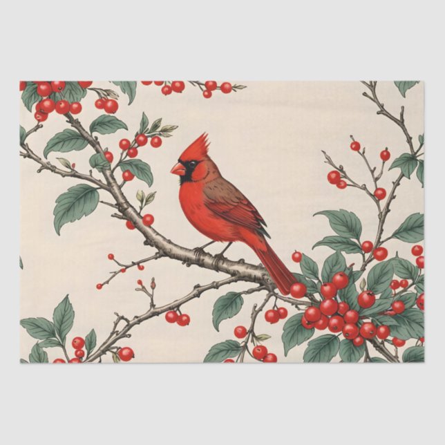 Cardinals and Red Berries Decoupage Tissue Paper (Front)