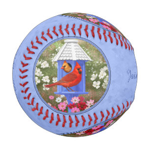 Cardinals and Round Birdhouse Blue Baseball