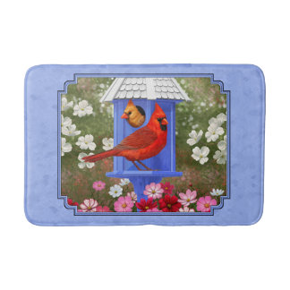 Cardinals and Round Birdhouse Blue Bath Mat