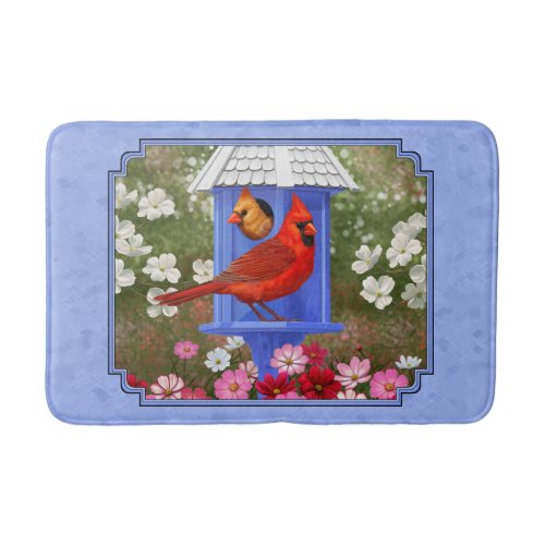 Cardinals and Round Birdhouse Blue Bath Mat