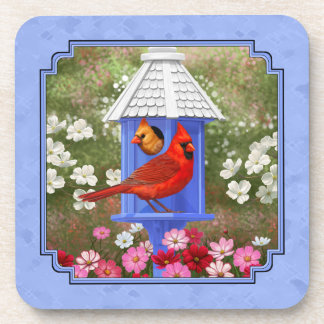 Cardinals and Round Birdhouse Blue Beverage Coaster