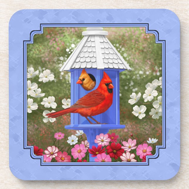 Cardinals and Round Birdhouse Blue Beverage Coaster (Front)