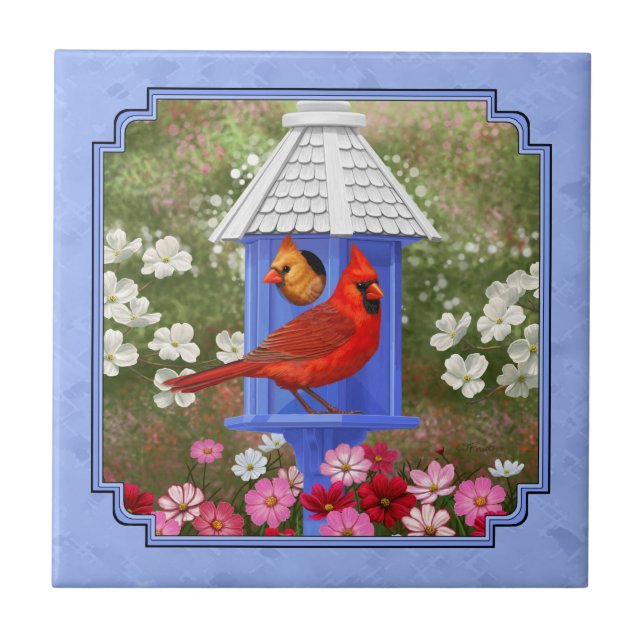 Cardinals and Round Birdhouse Blue Ceramic Tile (Front)