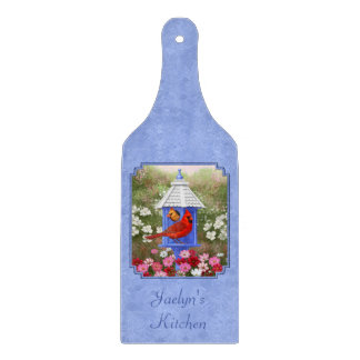 Cardinals and Round Birdhouse Blue Cutting Board