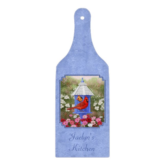 Cardinals and Round Birdhouse Blue Cutting Board (Front)