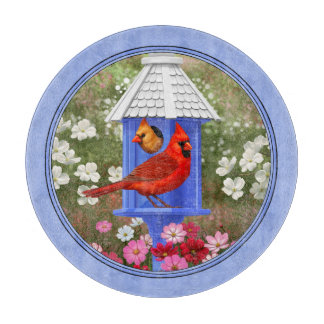 Cardinals and Round Birdhouse Blue Cutting Board