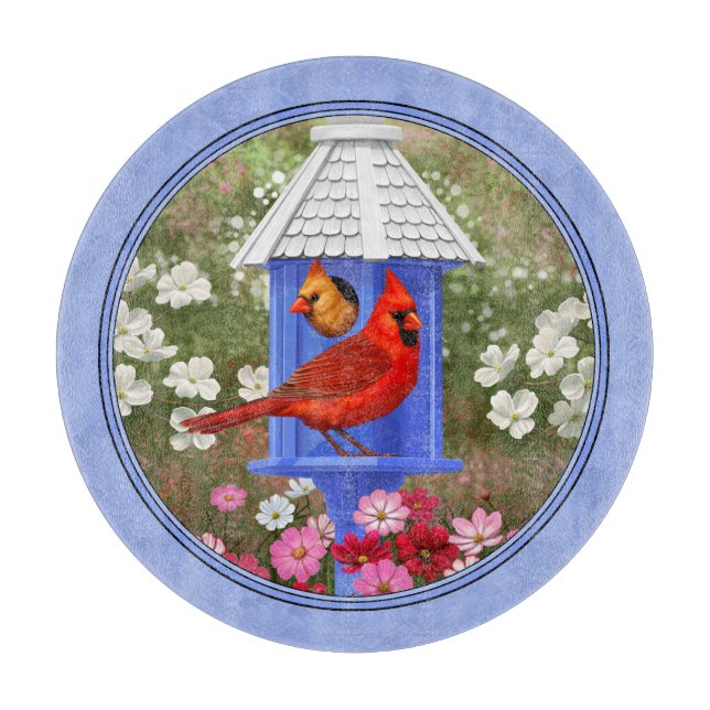 Cardinals and Round Birdhouse Blue Cutting Board (Front)