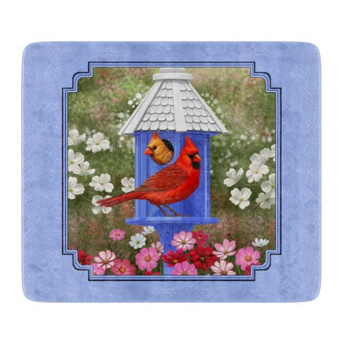 Cardinals and Round Birdhouse Blue Cutting Board