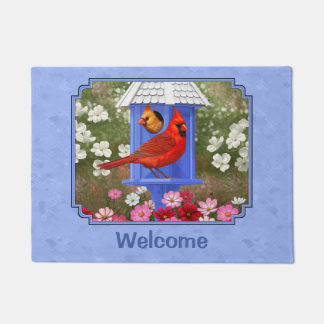 Cardinals and Round Birdhouse Blue Doormat