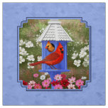 Cardinals and Round Birdhouse Blue Fabric