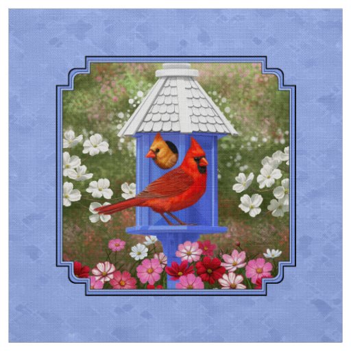 Cardinals and Round Birdhouse Blue Fabric
