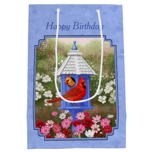 Cardinals and Round Birdhouse Blue Medium Gift Bag (Back)