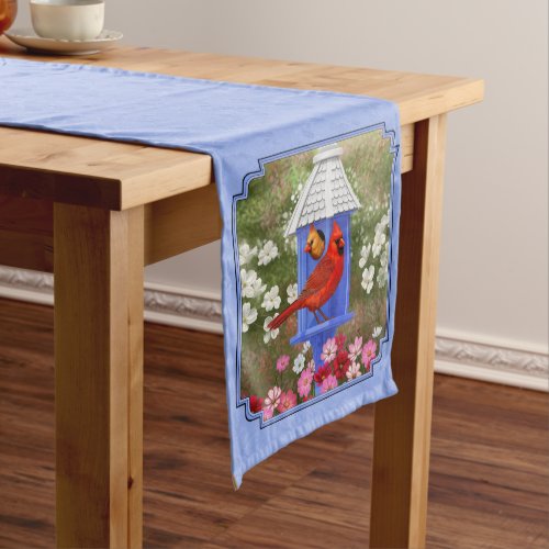 Cardinals and Round Birdhouse Blue Medium Table Runner