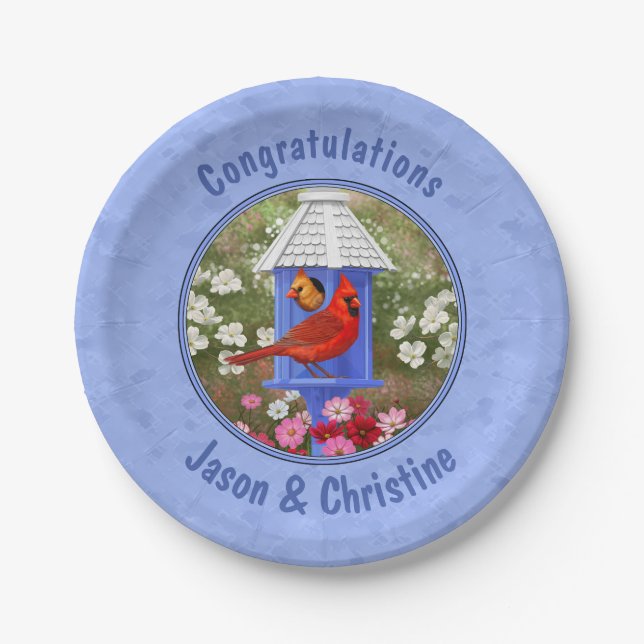 Cardinals and Round Birdhouse Blue Paper Plates (Front)