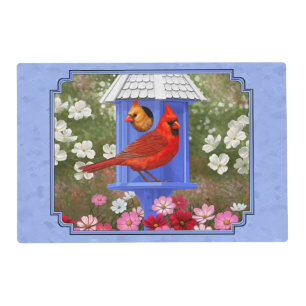 Cardinals and Round Birdhouse Blue Placemat
