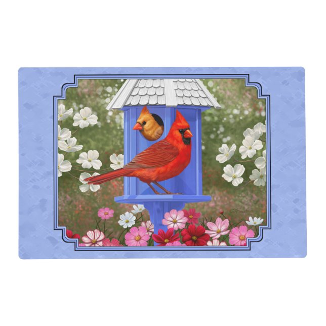 Cardinals and Round Birdhouse Blue Placemat (Front)