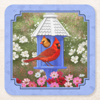 Cardinals and Round Birdhouse Blue Square Paper Coaster