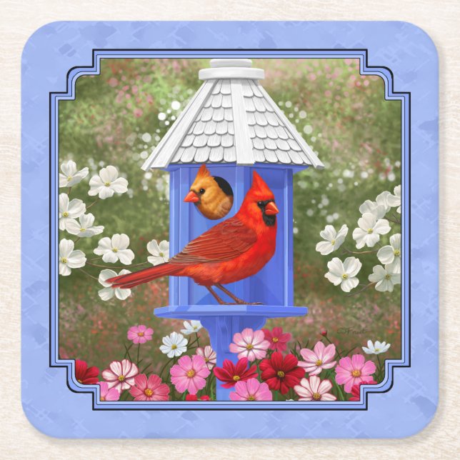 Cardinals and Round Birdhouse Blue Square Paper Coaster (Front)