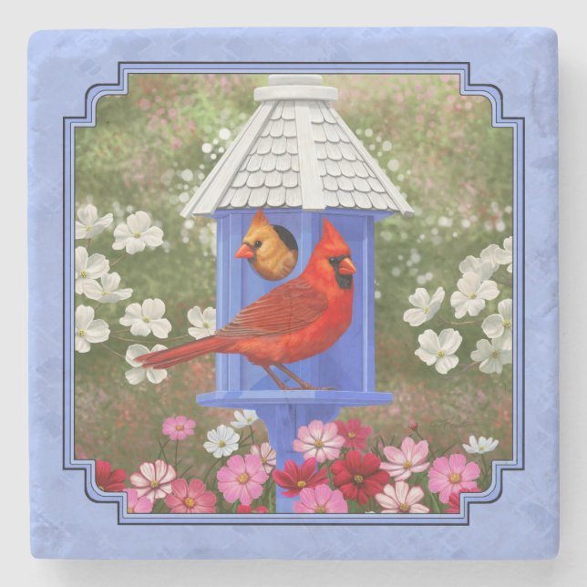 Cardinals and Round Birdhouse Blue Stone Coaster (Front)