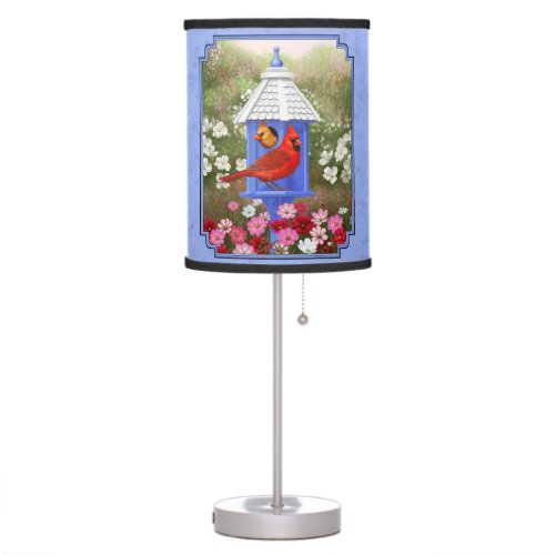 Cardinals and Round Birdhouse Blue Table Lamp