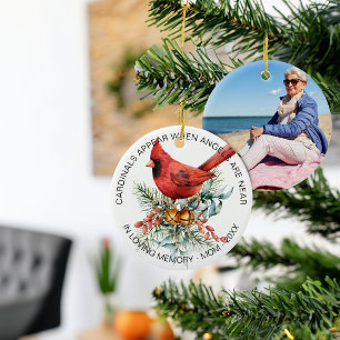 Cardinals Appear Holiday Greenery Photo Ceramic Ornament
