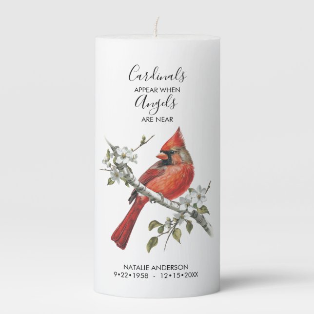 Cardinals appear when angels are near Memorial Pillar Candle (Front)