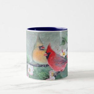 CARDINALS & APPLE BLOSSOMS by SHARON SHARPE Two-Tone Coffee Mug