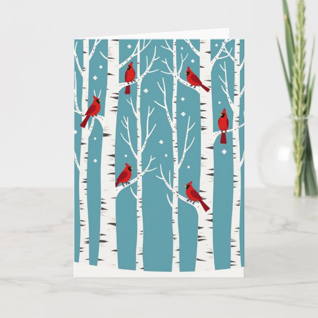 Cardinals Birch Trees Winter Snow Card (Front)