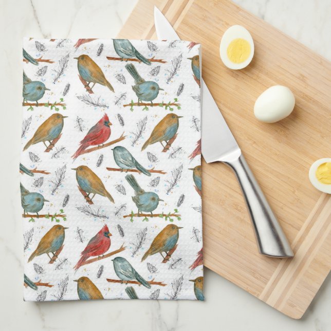Cardinals Bluebirds Chickadee Watercolor Wildlife Towel (Quarter Fold)
