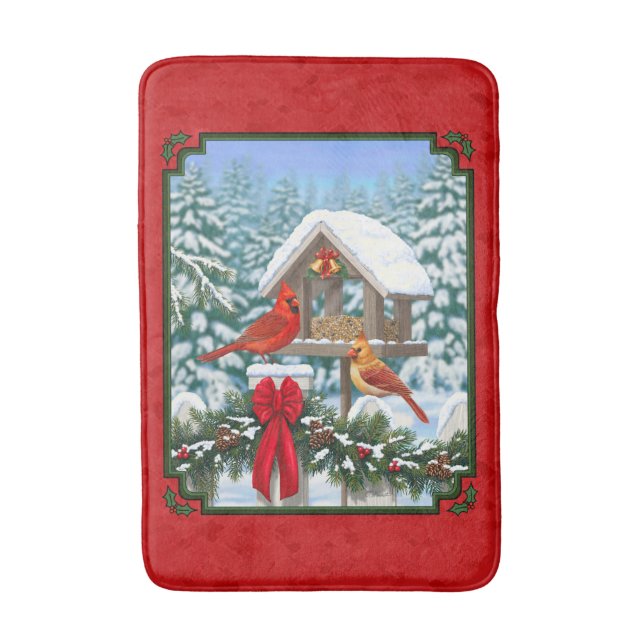 Cardinals Christmas Birdfeeder Red Bath Mat (Front Vertical)