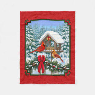 Cardinals Christmas Birdfeeder Red Fleece Blanket