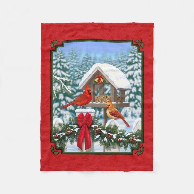 Cardinals Christmas Birdfeeder Red Fleece Blanket (Front)