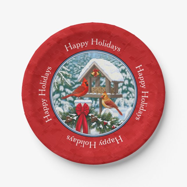 Cardinals Christmas Birdfeeder Red Paper Plates (Front)