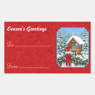 Cardinals Christmas Birdfeeder Red Rectangular Sticker