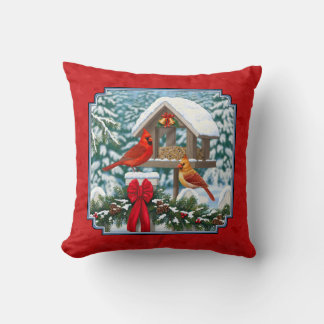 Cardinals Christmas Birdfeeder Red Throw Pillow