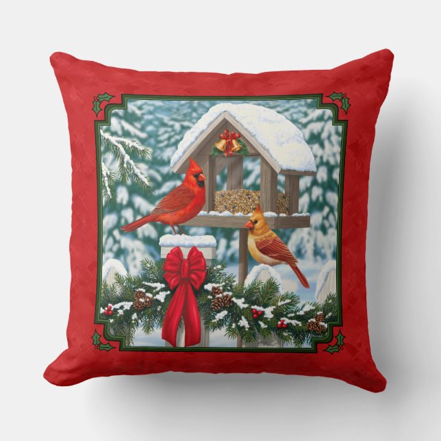 Cardinals Christmas Birdfeeder Red Throw Pillow (Front)