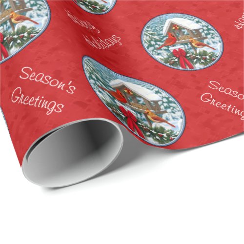 Cardinals Christmas Birdfeeder Red Wrapping Paper