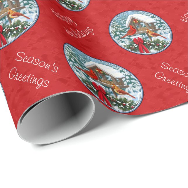 Cardinals Christmas Birdfeeder Red Wrapping Paper (Roll Corner)